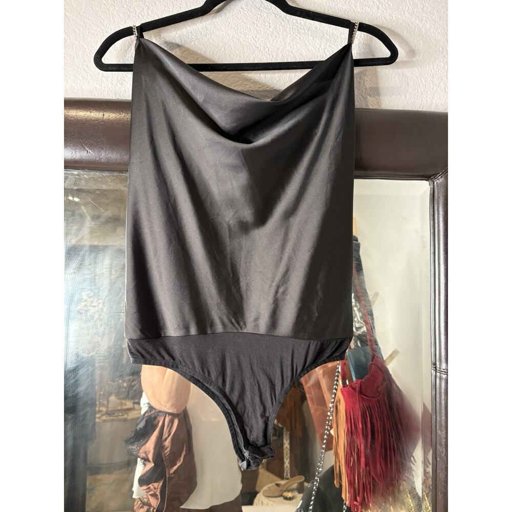 Bebe Satin Cowl Neck Bodysuit Gold Chain Open Back Size